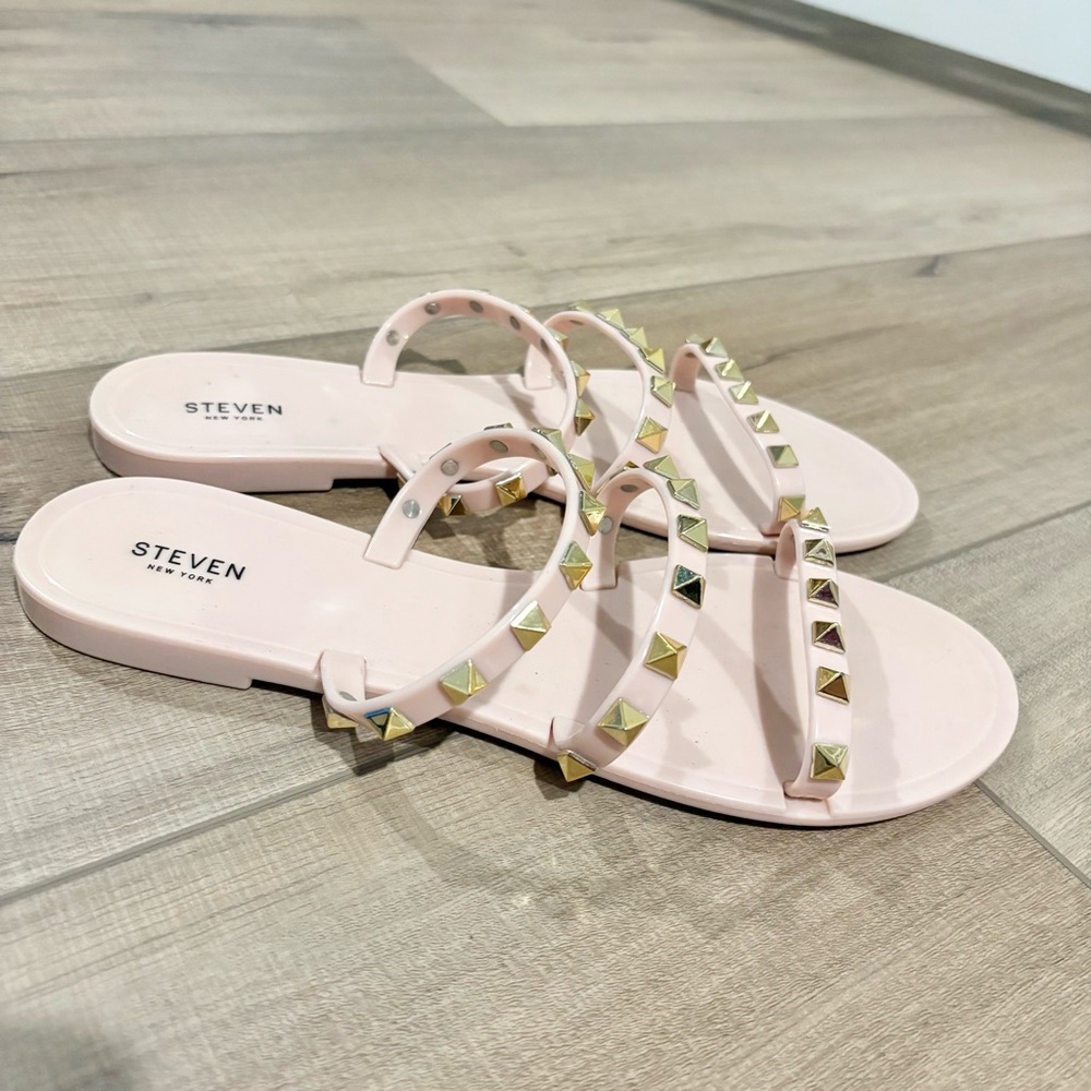 Steven Steve Madden jelly Studded Slide Flats Slip On sandals pink gold size 9